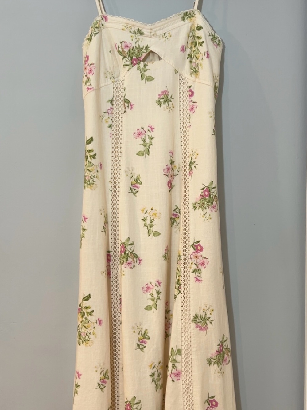 NWT Caroline Constas NY Womens S Ivory Floral Linen Maxi Dress Crochet Lace Trim - Picture 2 of 10